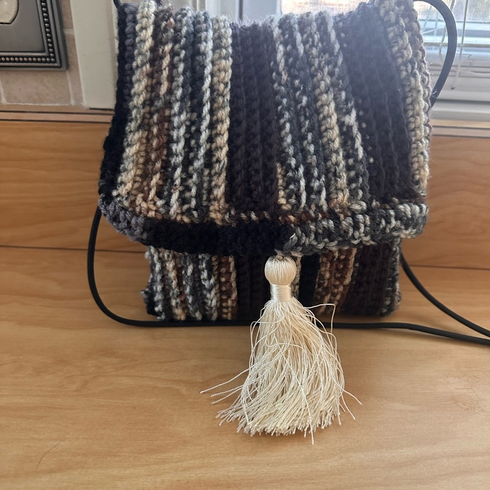 Handmade black Striped crochet Crossbody Bag purse with Tassel
